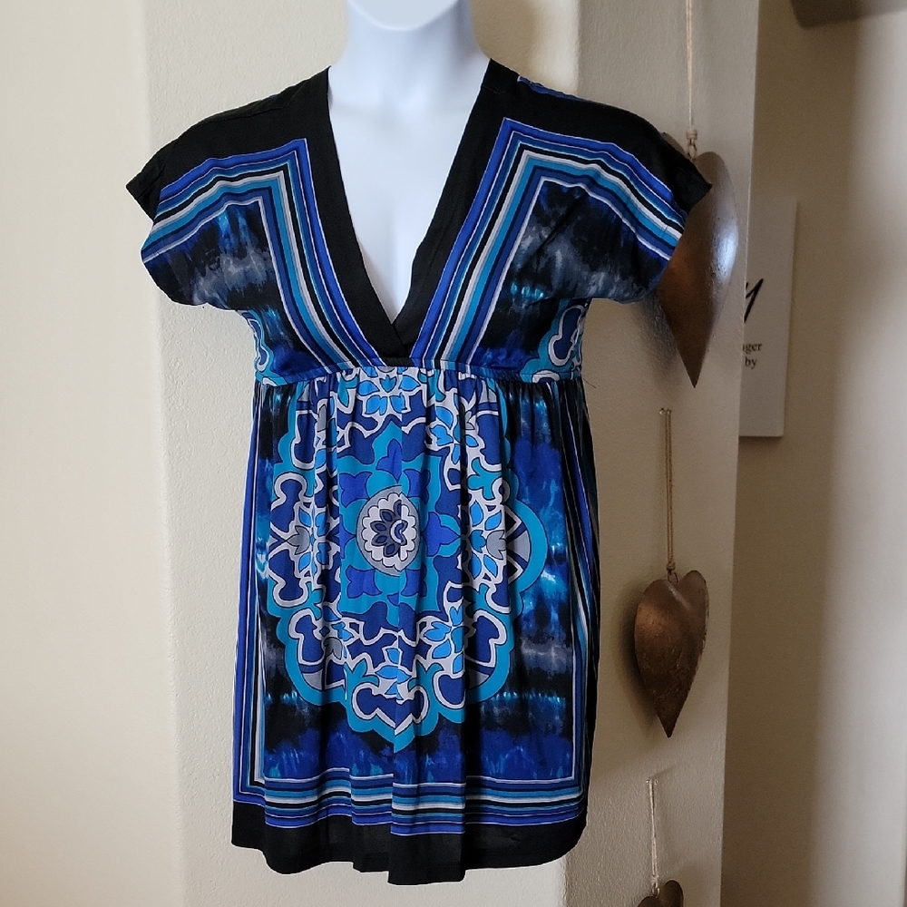 WET SEAL Deep V Plunge Dolman Sleeve Empire Waist Mini Dress Blue/Black sz M